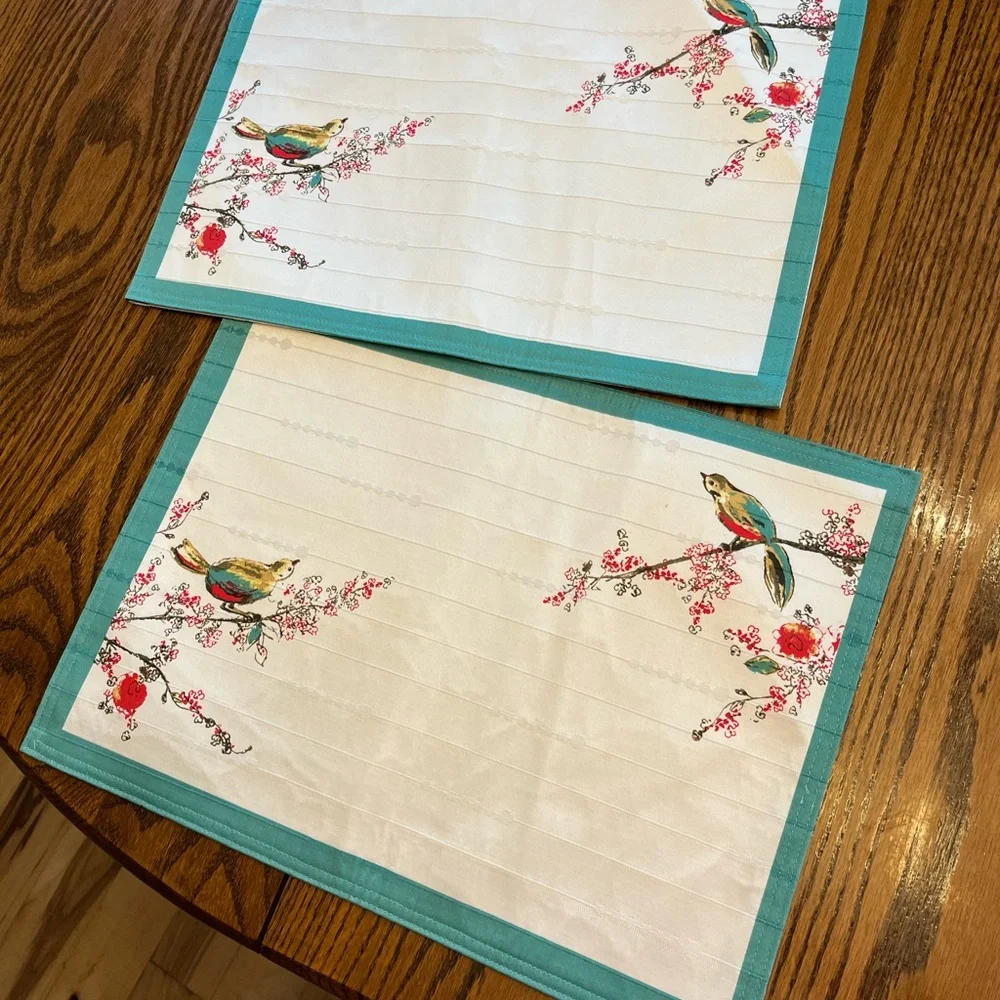 Lenox White Placemats and Napkins with Teal Trim and Multicolor Bird Motif